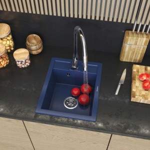 Zlewozmywak granitowy jednokomorowy granatowy syfon złoty/chrom Best 