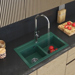 Zlewozmywak granitowy dwukomorowy butelkowa zieleń - bateria - syfon - Duet 