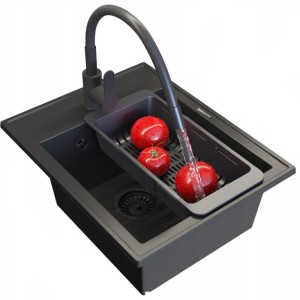 Zlewozmywak granitowy czarny - bateria kuchenna Grado - koszyk - zestaw Nero