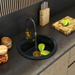 Zlewozmywak granitowy okrągły jednokomorowy Arno golden - bateria - syfon