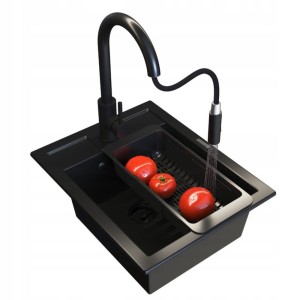 Zestaw - Zlewozmywak granitowy Best czarny - bateria Loseto - syfon - ociekarka