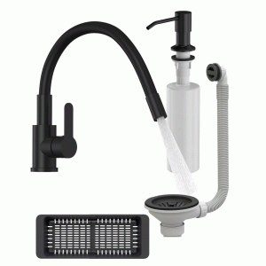 Zestaw kuchenny czarny do zlewu - bateria kuchenna Grado Plus - dozownik - ociekarka - syfon