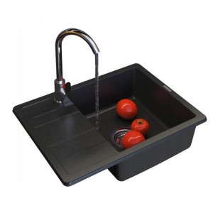 Zestaw - zlewozmywak granitowy jednokomorowy czarny metalik Paros - bateria Prestige - syfon