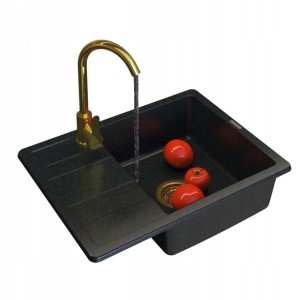 Zestaw - zlewozmywak granitowy jednokomorowy czarny gold Paros - bateria Prestige - syfon