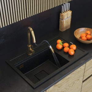 Zlewozmywak granitowy nowoczesny Rendo czarny z drobinkami złota