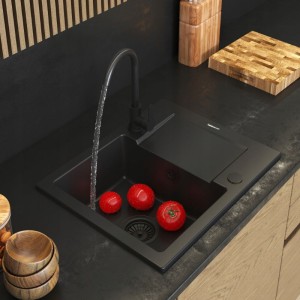 Zestaw - zlew granitowy z ociekaczem czarny Fabro- bateria kuchenna -syfon 