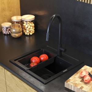 Zestaw - Zlewozmywak granitowy czarny Malmo - bateria Snake Pro - syfon