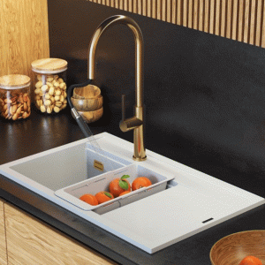 Zestaw - zlew granitowy Rendo biały - bateria kuchenna - nowoczesny zestaw