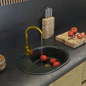 Zestaw - Zlewozmywak granitowy owalny złoty Luxor - bateria Prestige - syfon