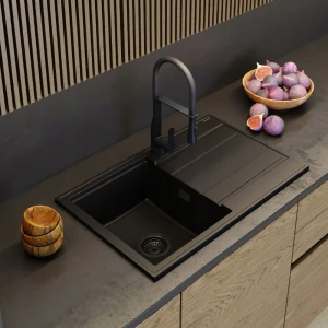 Zestaw - zlewozmywak granitowy czarny Timor - bateria Vegas - syfon