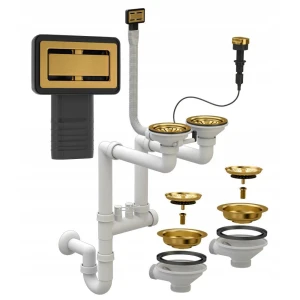 Syfon dwukomorowy automatyczny złoty z prostokątnym przelewem