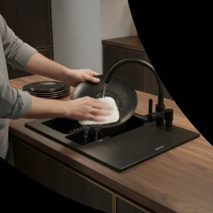 Zestaw - zlewozmywak granitowy czarny Bello - bateria Grado Plus - ociekarka - czyścik - syfon