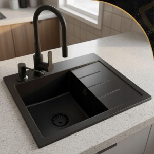 Zestaw - zlewozmywak granitowy jednokomorowy Amber - bateria Grado Plus - dozownik - syfon