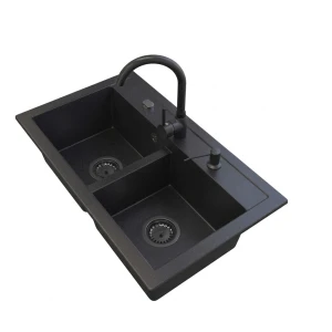 Zlewozmywak kuchenny zlew granitowy dwukomorowy czarny syfon czarny DARO