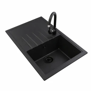 Zlewozmywak kuchenny zlew granitowy jednokomorowy czarny syfon czarny RICCO