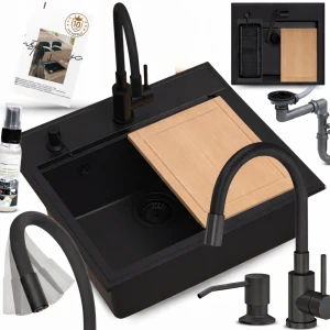 Zlewozmywak granitowy z deską do krojenia + bateria + dozownik + syfon