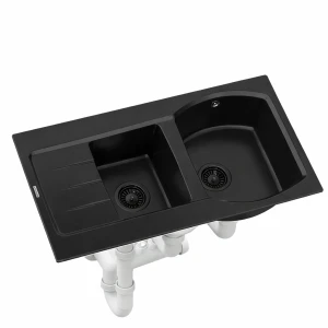 Zlewozmywak kuchenny zlew granitowy jednokomorowy czarny syfon czarny RETO