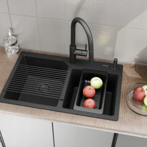 Zestaw - zlewozmywak dwukomorowy Franke UBG 620 czarny mat - bateria Pescara L Slide-In - dozownik - wkładka - rollmata