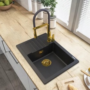 Zestaw Argos - zlewozmywak granitowy z drobinkami złota + bateria Vegas + syfon