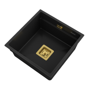 Zlewozmywak podwieszany granitowy czarny - syfon kwadratowy złoty - Epir 44