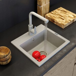  Zestaw granitowy beżowy - bateria kuchenna - kran - syfon - Teor