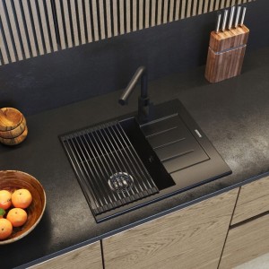 Zlew granitowy czarny - bateria kuchenna - mata - syfon - zestaw Milano 