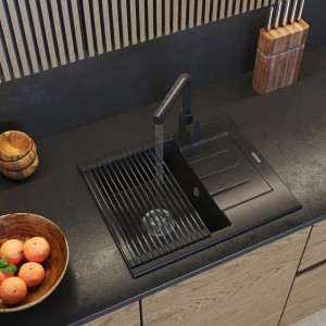 Zlew granitowy czarny nakrapiany - kran kuchenny - mata - zestaw Milano 
