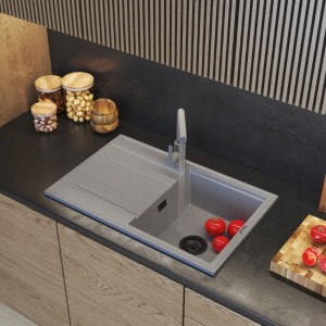 Zlewozmywak granitowy szary z ociekaczem jednokomorowy - syfon - zestaw Timor 